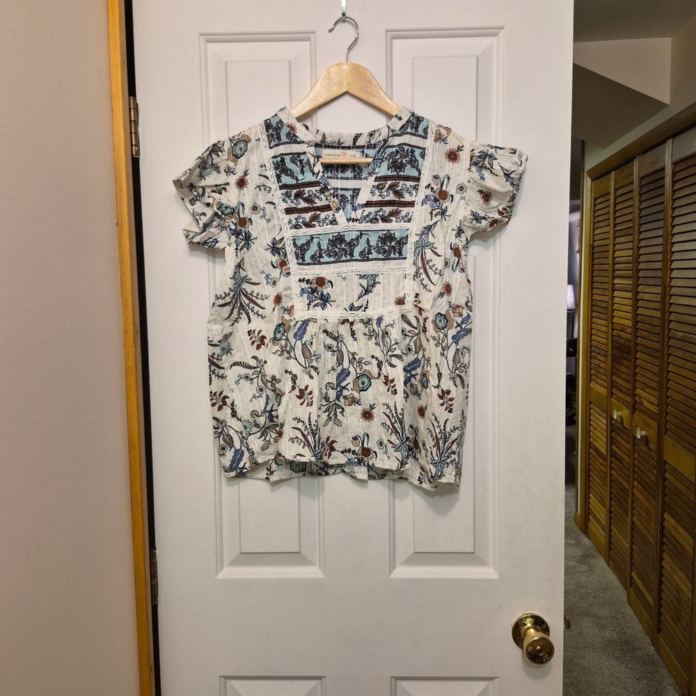 Penelope Rose Womens 1X Boho Floral Flutter Sleeve Lace Trim‎ Cotton Blouse Top
